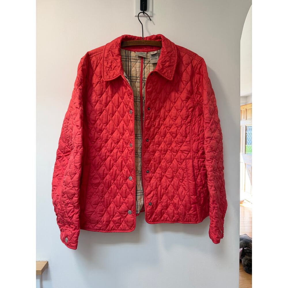 LL Bean Quilted Riding Jacket Women's XL Coral Pink Plaid Lining Snaps